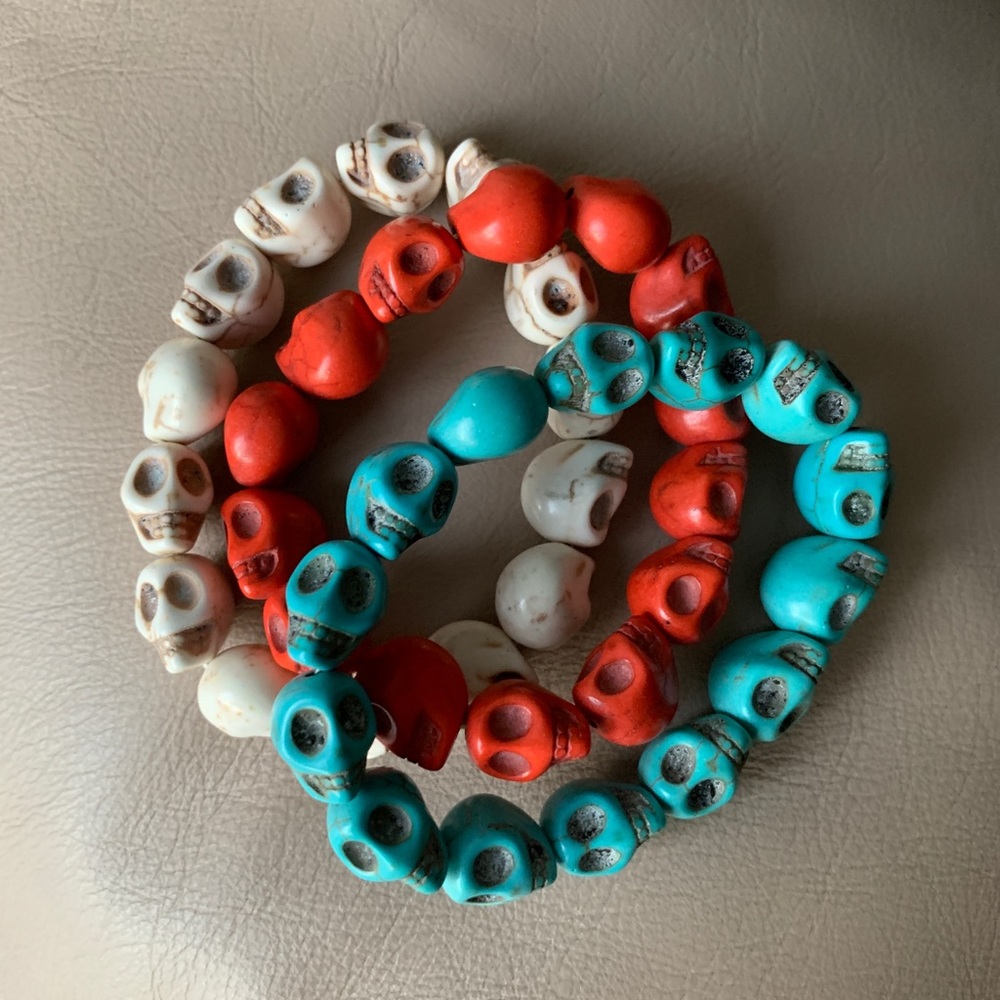 Set of 3 real stone skull 💀 bracelets stretchy